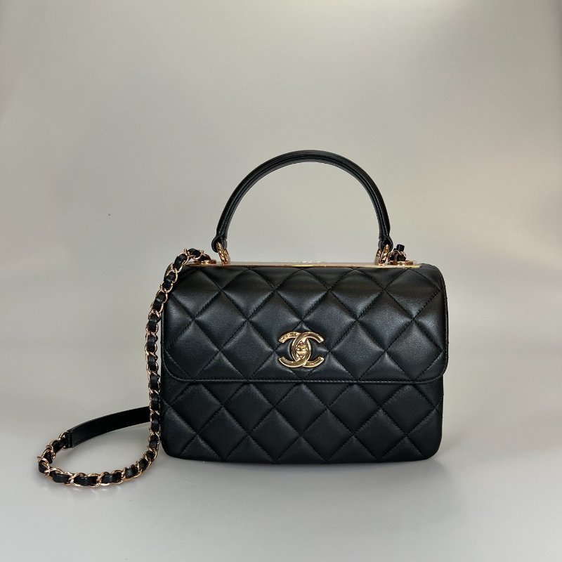 CHANEL TRENDYCC 25玫瑰金菱格提把側肩包 黑羊皮 A92236/晶片款-0