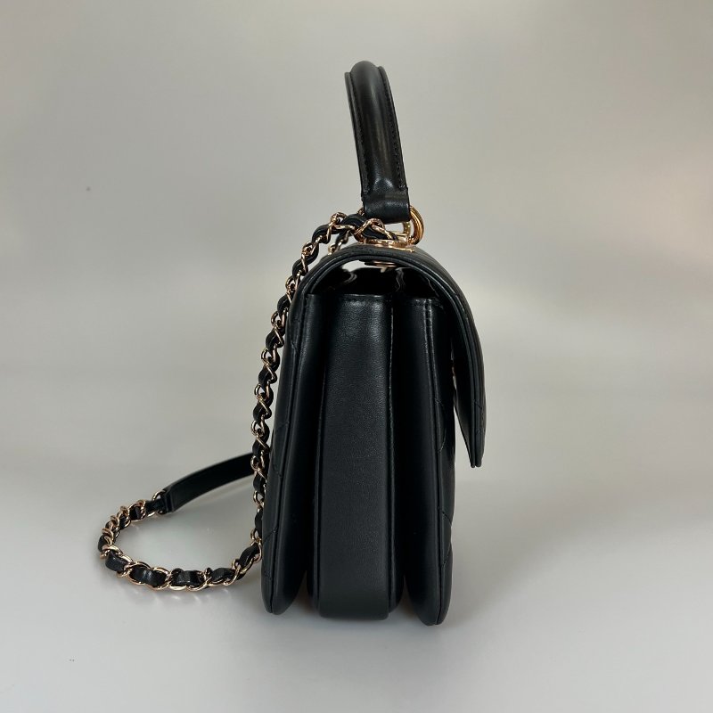 CHANEL TRENDYCC 25玫瑰金菱格提把側肩包 黑羊皮 A92236/晶片款-2