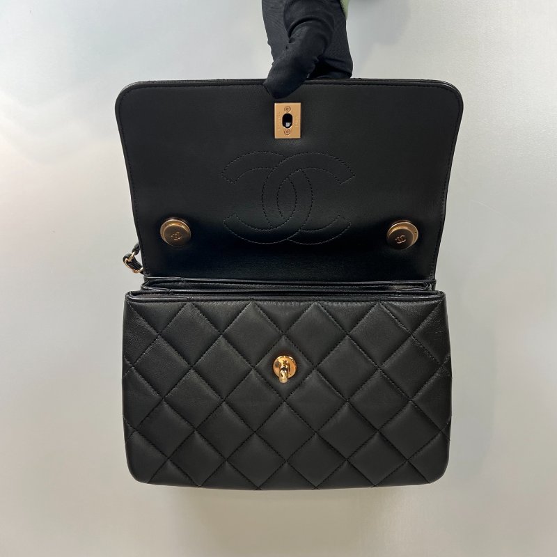 CHANEL TRENDYCC 25玫瑰金菱格提把側肩包 黑羊皮 A92236/晶片款-5