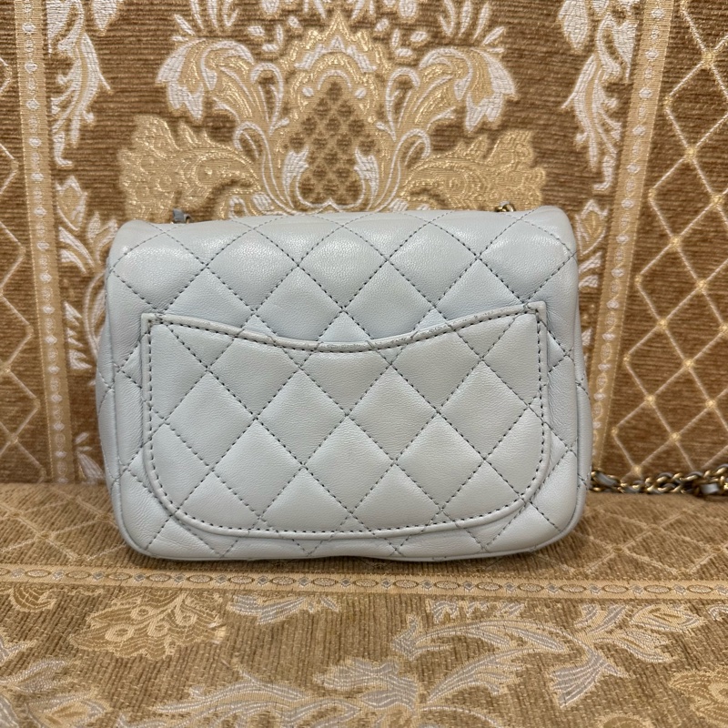 Chanel 灰羊皮菱格霧金釦金球方胖AS1786-1