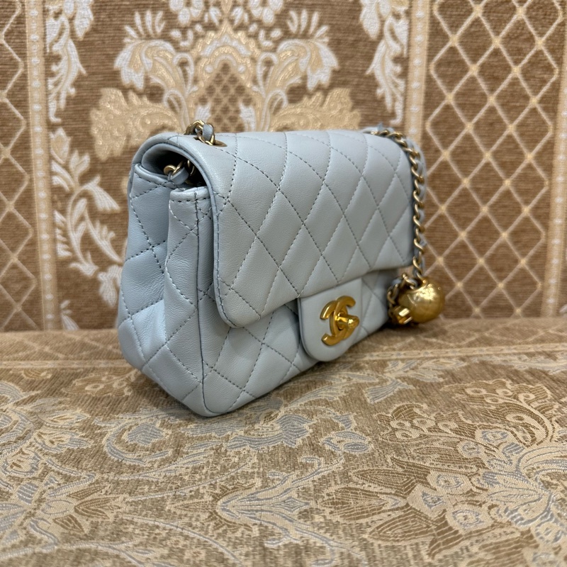 Chanel 灰羊皮菱格霧金釦金球方胖AS1786-2
