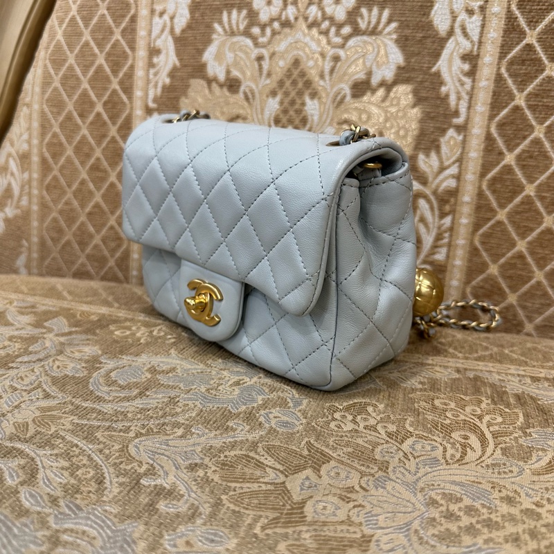 Chanel 灰羊皮菱格霧金釦金球方胖AS1786-3