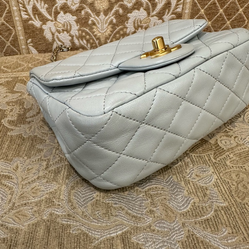 Chanel 灰羊皮菱格霧金釦金球方胖AS1786-5