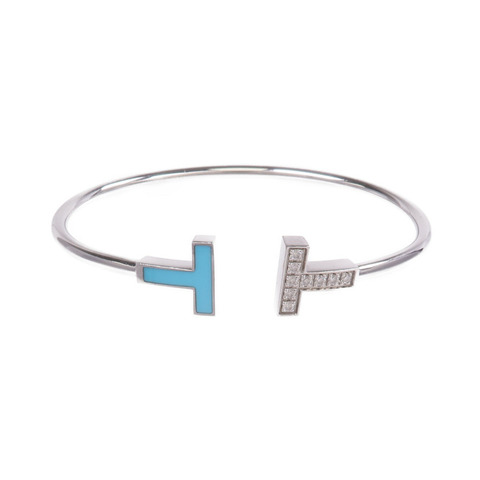 TIFFANY＆CO 18K白金T Diamond and Turquoise Wire Bracelet鑽石/綠松石手鐲