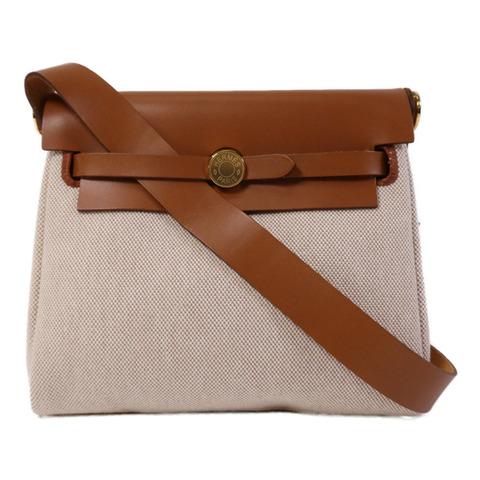 HERMES 帆布Mini Herbag金扣肩背袋Fauve