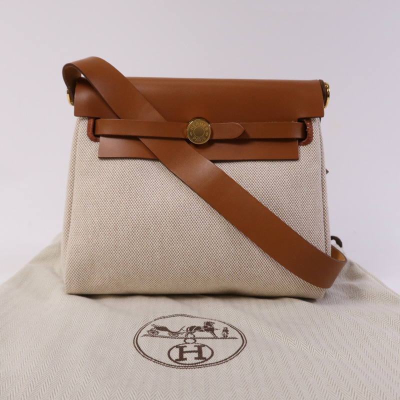 HERMES 帆布Mini Herbag金扣肩背袋Fauve-9