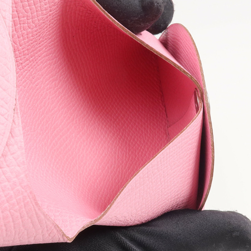 HERMES Epsom皮革Bastia銀扣零錢包Rose Azalee-10