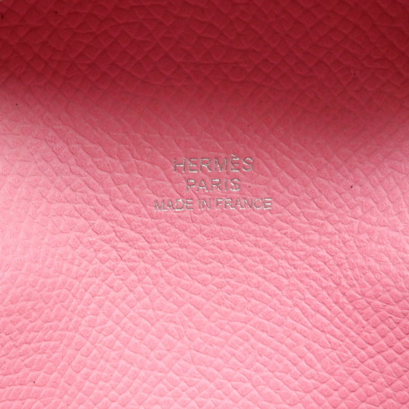 HERMES Epsom皮革Bastia銀扣零錢包Rose Azalee-11