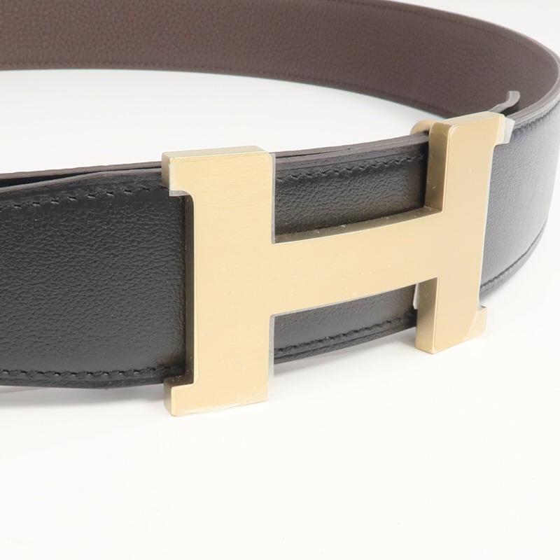 HERMES Togo/Box Calf皮革Belt金扣皮帶Noir/Gold-3
