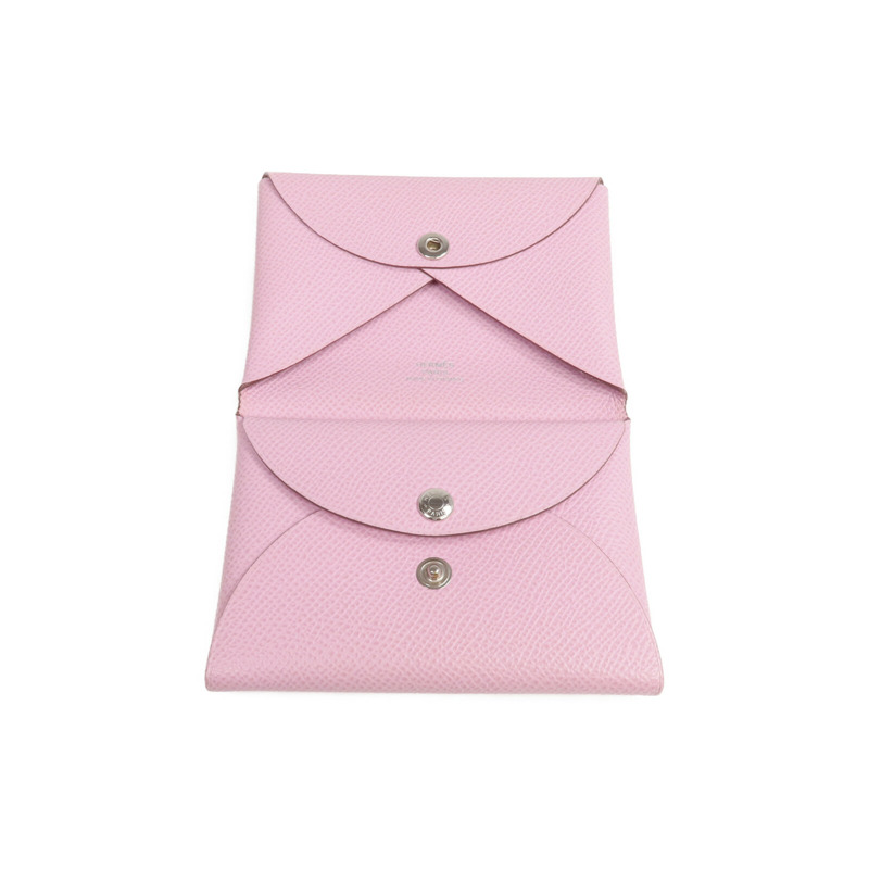 HERMES Epsom皮革Calvi Duo銀扣卡片套/零錢包Rose Azalee-6