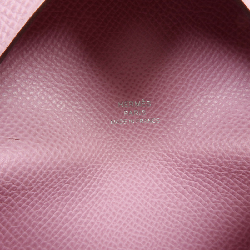 HERMES Epsom皮革Calvi Duo銀扣卡片套/零錢包Rose Azalee-8