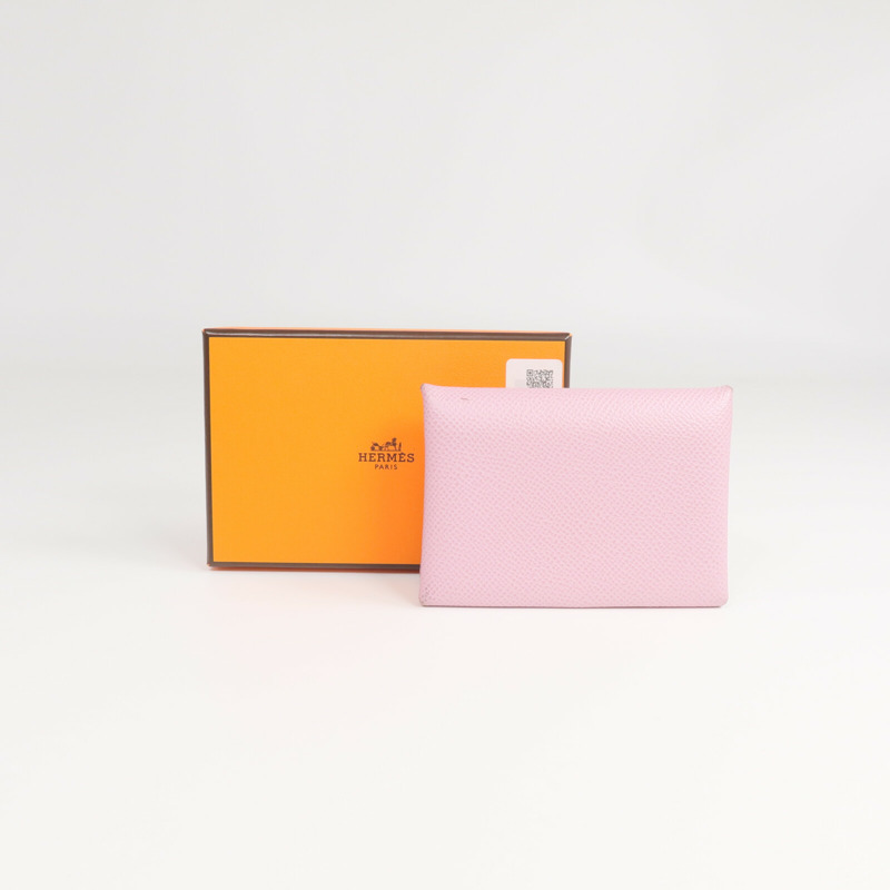 HERMES Epsom皮革Calvi Duo銀扣卡片套/零錢包Rose Azalee-16