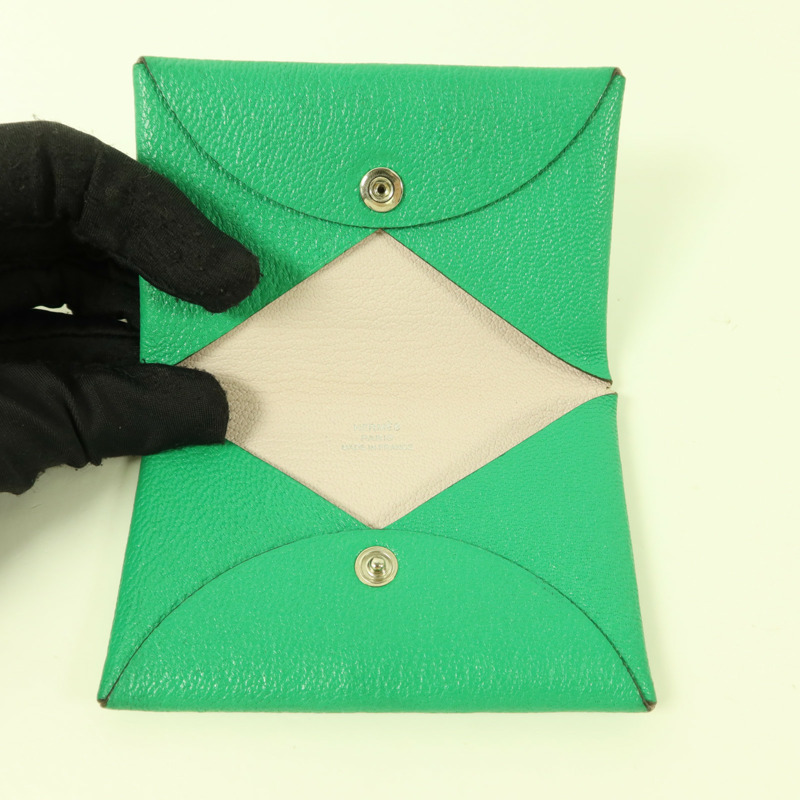 HERMES Chevre皮革Calvi銀扣卡片套Menthe-4