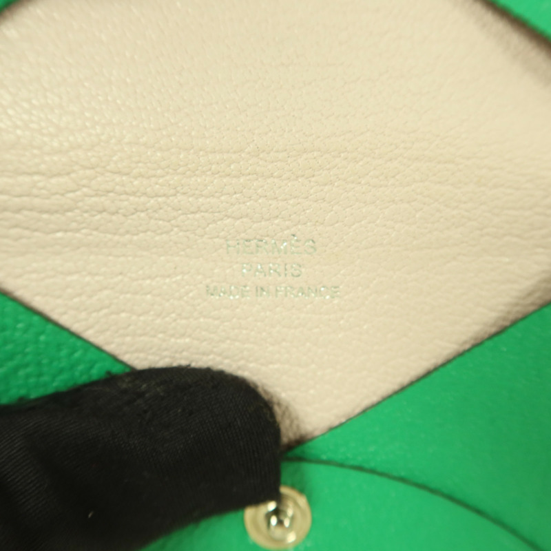 HERMES Chevre皮革Calvi銀扣卡片套Menthe-5