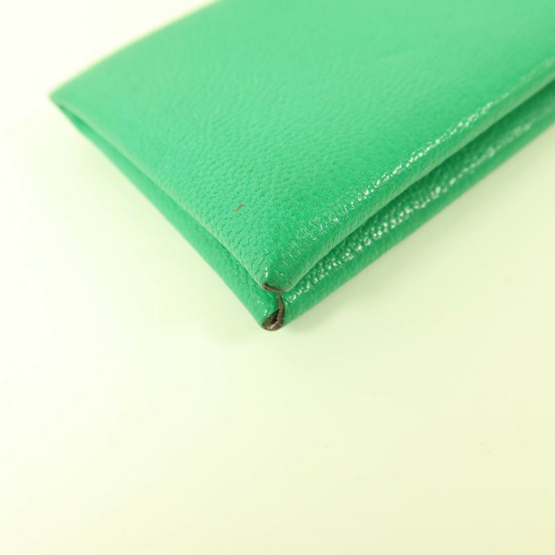 HERMES Chevre皮革Calvi銀扣卡片套Menthe-11
