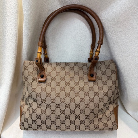 Gucci 竹子拼皮棕色帆布單肩包 I788