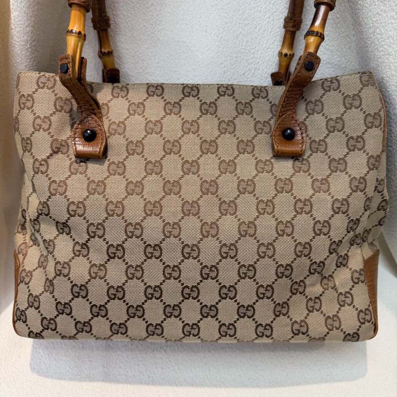 Gucci 竹子拼皮棕色帆布單肩包 I788-1
