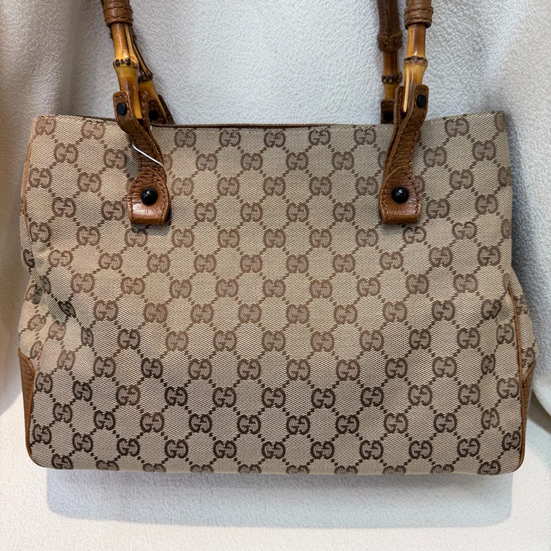 Gucci 竹子拼皮棕色帆布單肩包 I788-2