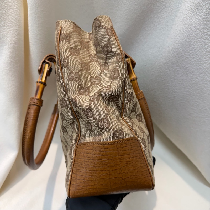 Gucci 竹子拼皮棕色帆布單肩包 I788-3