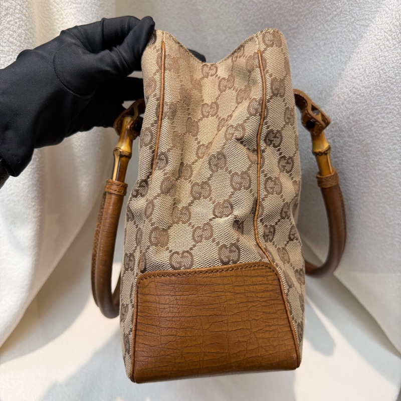 Gucci 竹子拼皮棕色帆布單肩包 I788-4