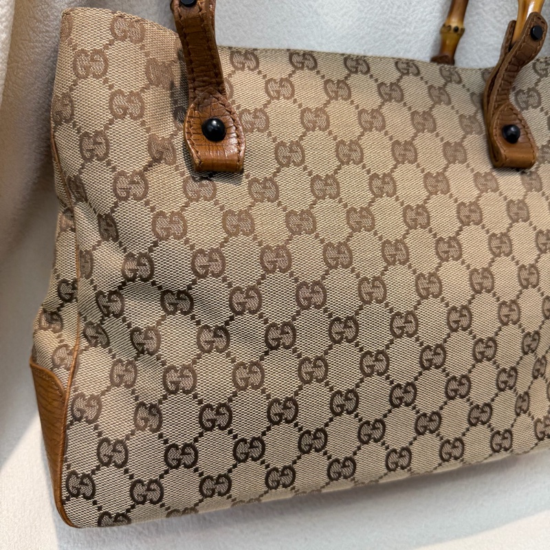 Gucci 竹子拼皮棕色帆布單肩包 I788-5