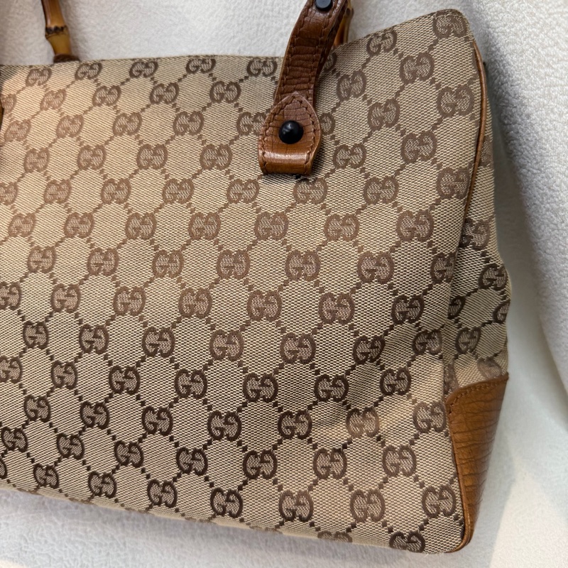 Gucci 竹子拼皮棕色帆布單肩包 I788-7