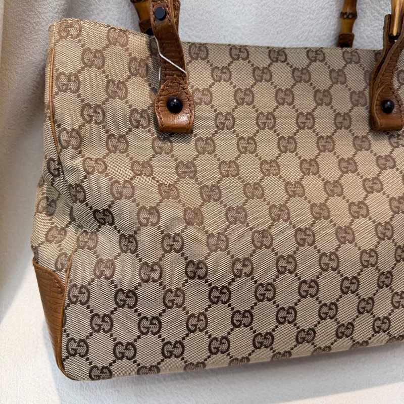 Gucci 竹子拼皮棕色帆布單肩包 I788-8