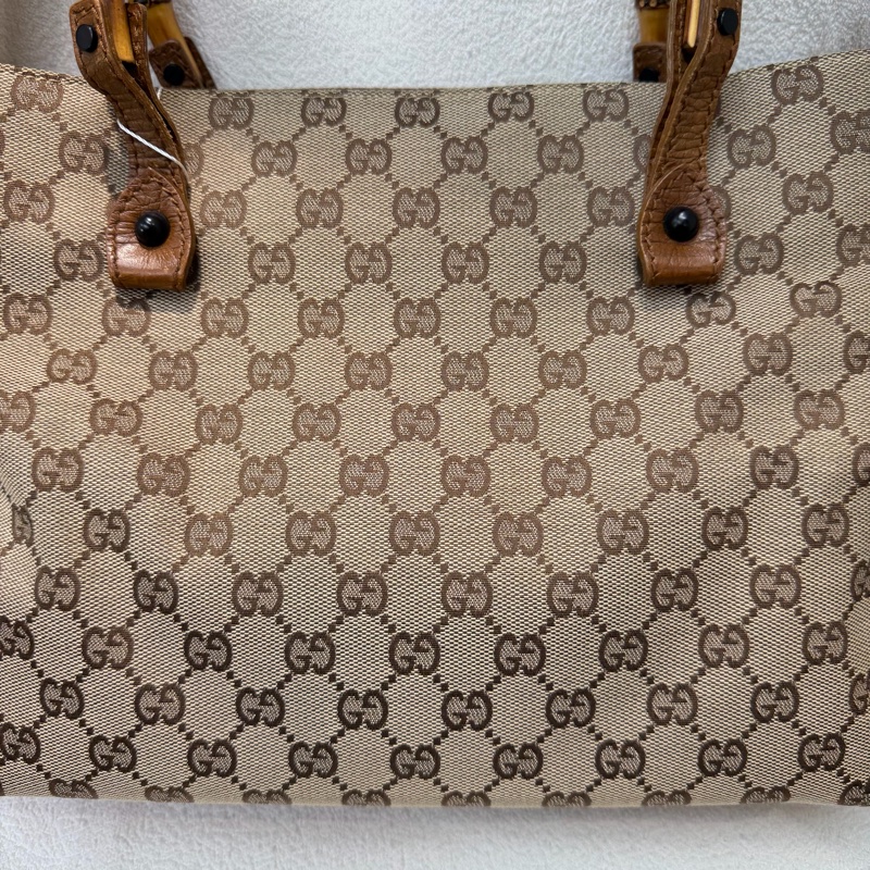 Gucci 竹子拼皮棕色帆布單肩包 I788-9