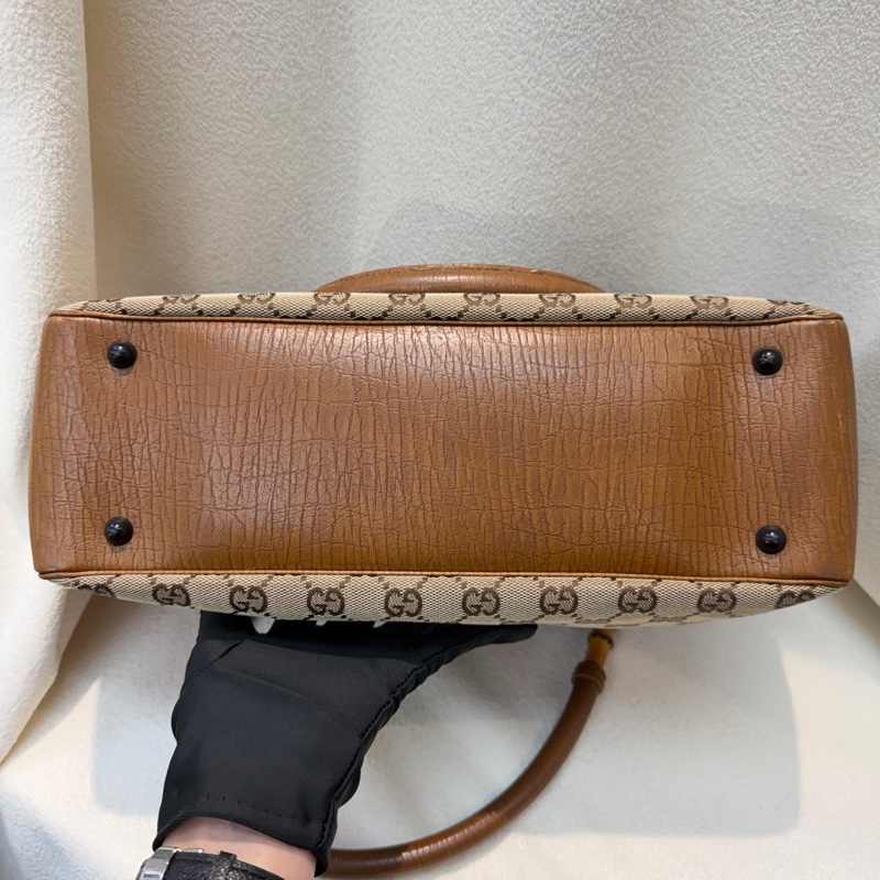 Gucci 竹子拼皮棕色帆布單肩包 I788-11