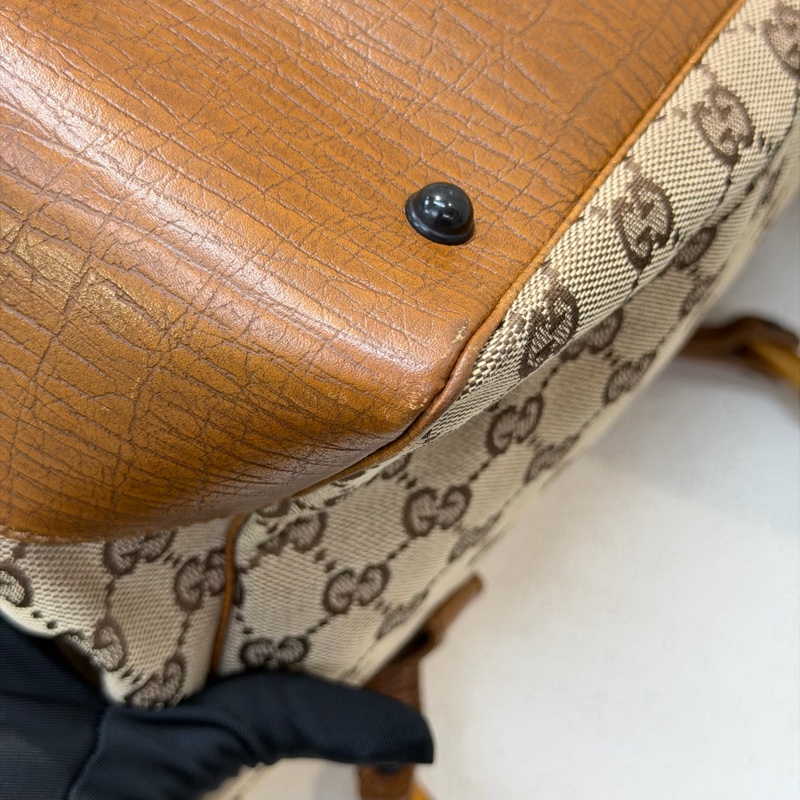 Gucci 竹子拼皮棕色帆布單肩包 I788-15