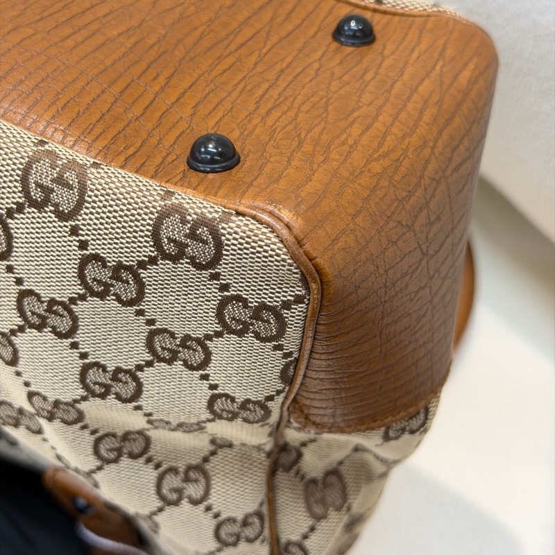 Gucci 竹子拼皮棕色帆布單肩包 I788-16