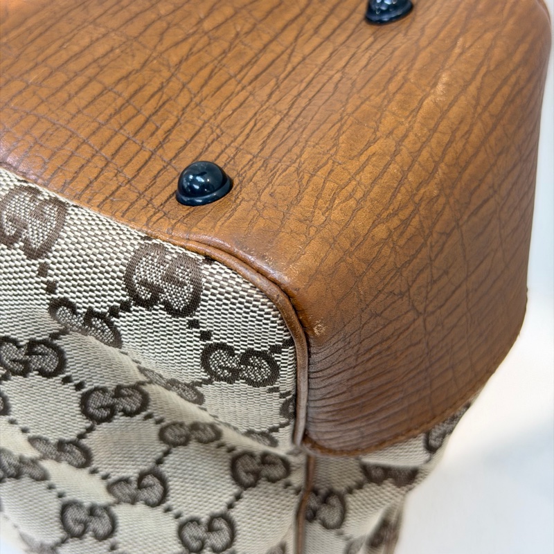 Gucci 竹子拼皮棕色帆布單肩包 I788-18