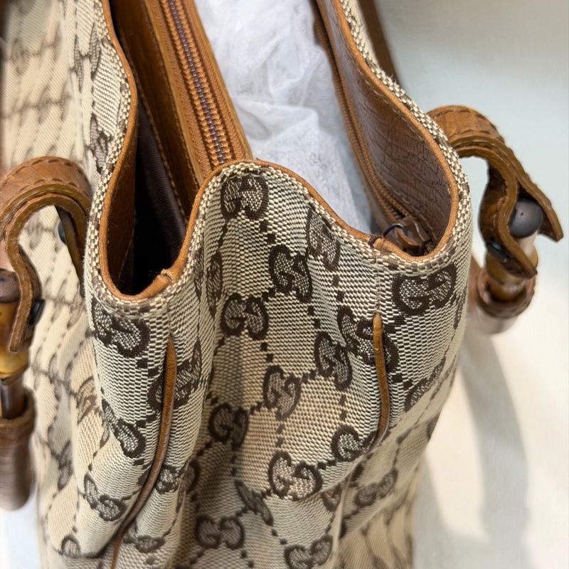 Gucci 竹子拼皮棕色帆布單肩包 I788-20
