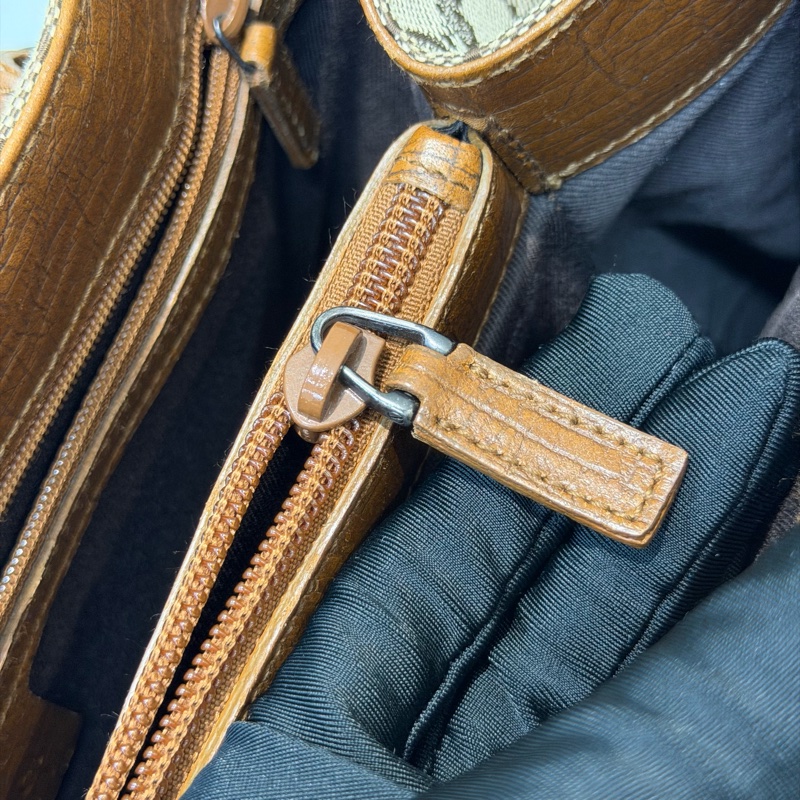 Gucci 竹子拼皮棕色帆布單肩包 I788-25