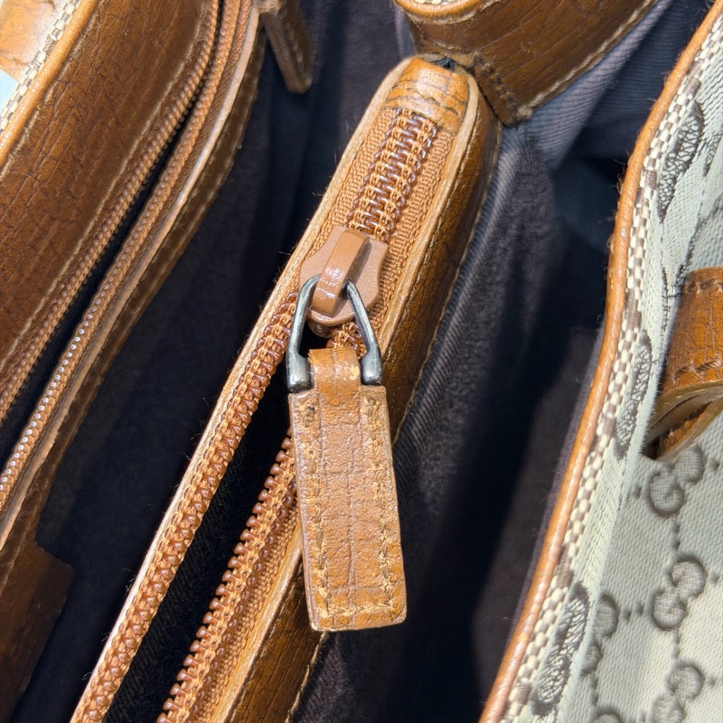 Gucci 竹子拼皮棕色帆布單肩包 I788-26