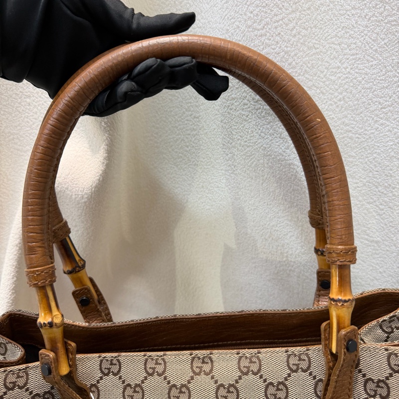 Gucci 竹子拼皮棕色帆布單肩包 I788-33