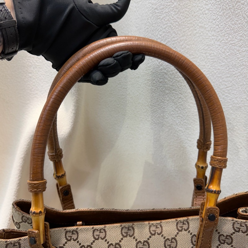 Gucci 竹子拼皮棕色帆布單肩包 I788-34