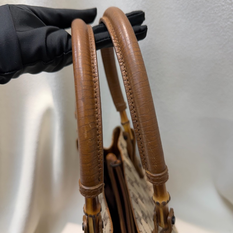 Gucci 竹子拼皮棕色帆布單肩包 I788-35