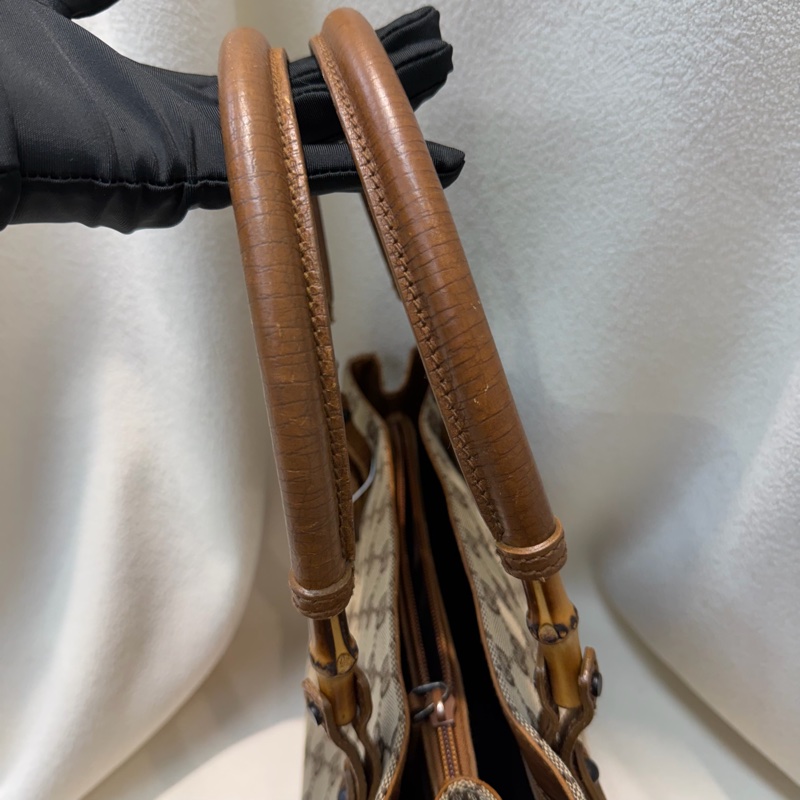 Gucci 竹子拼皮棕色帆布單肩包 I788-48
