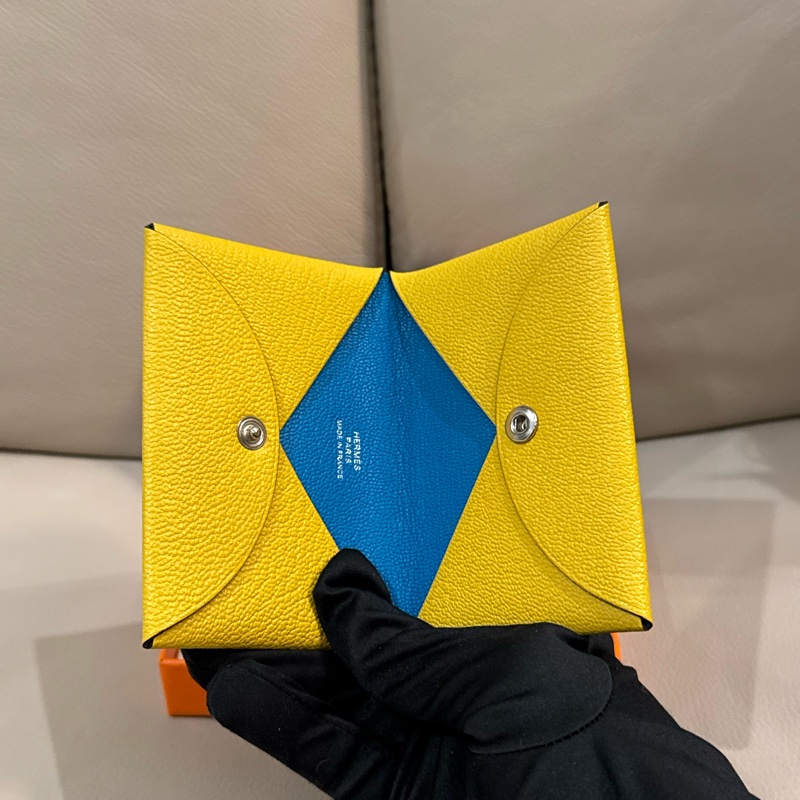Hermes 愛馬仕 Clavi 卡包/山羊皮/招財黃內拼藍色/98新美品-4