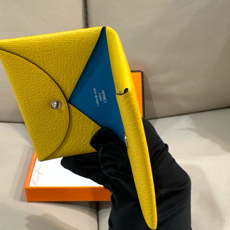 Hermes 愛馬仕 Clavi 卡包/山羊皮/招財黃內拼藍色/98新美品-5