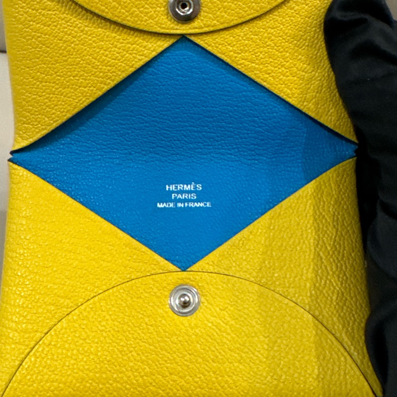 Hermes 愛馬仕 Clavi 卡包/山羊皮/招財黃內拼藍色/98新美品-6