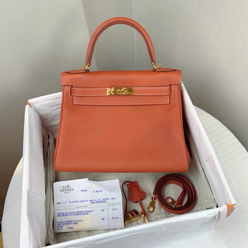 HERMES Kelly28 三文魚紅 手提斜挎單肩都適配 尺寸：28*22*10 配件：盒子 鑰匙 鎖頭 發票 塵袋-0