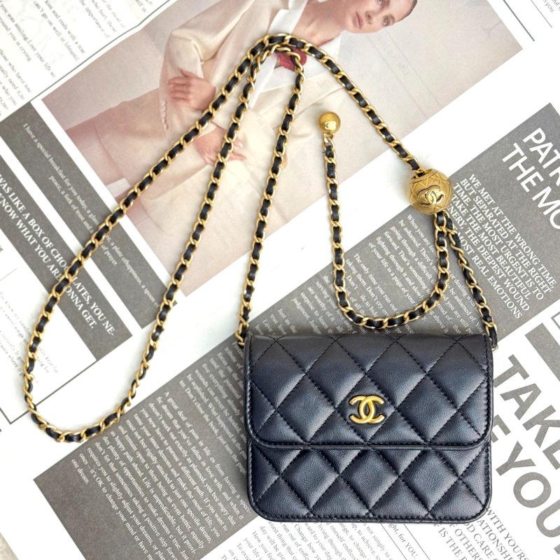 Chanel woc 黑色 菱格紋 羊皮 mini 雙金球 鏈條 金扣-0