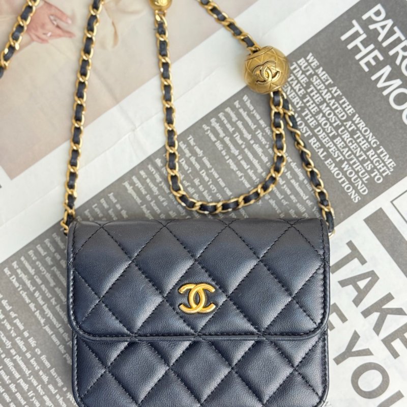 Chanel woc 黑色 菱格紋 羊皮 mini 雙金球 鏈條 金扣-1