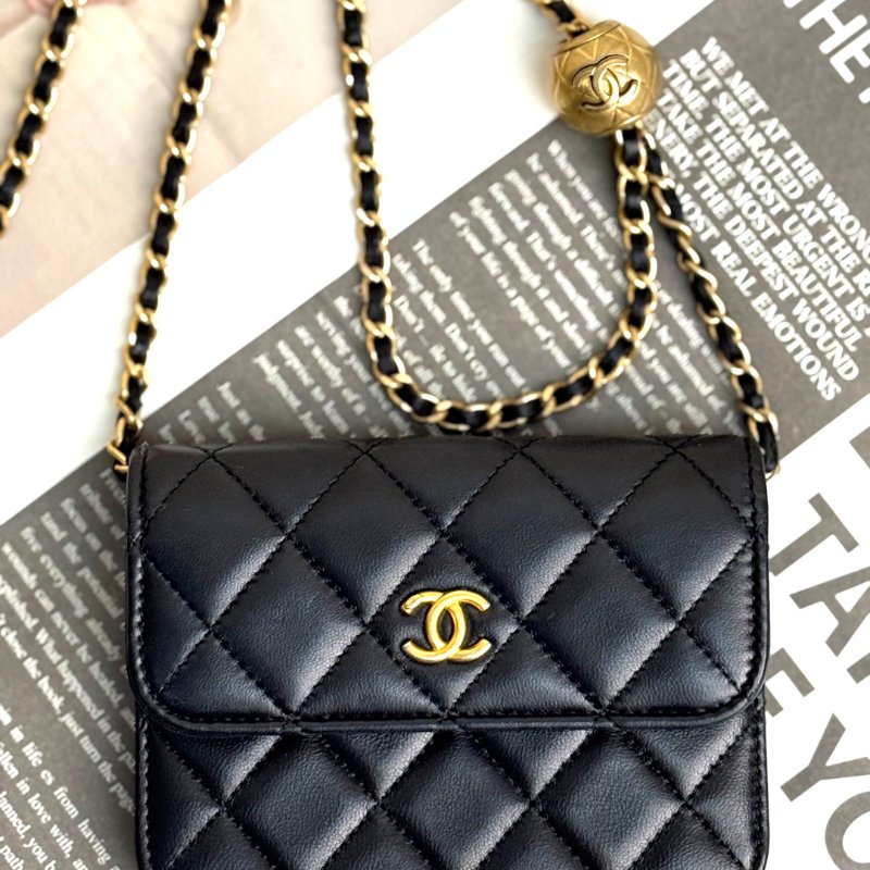 Chanel woc 黑色 菱格紋 羊皮 mini 雙金球 鏈條 金扣-2