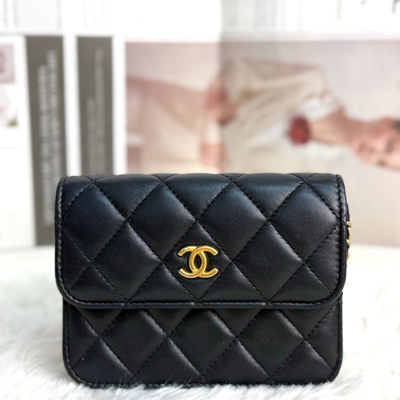 Chanel woc 黑色 菱格紋 羊皮 mini 雙金球 鏈條 金扣-3