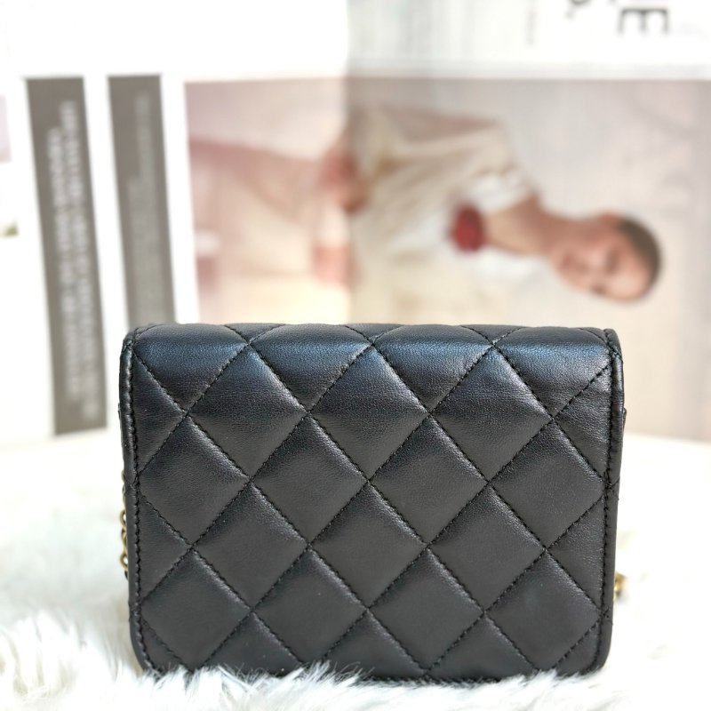 Chanel woc 黑色 菱格紋 羊皮 mini 雙金球 鏈條 金扣-4