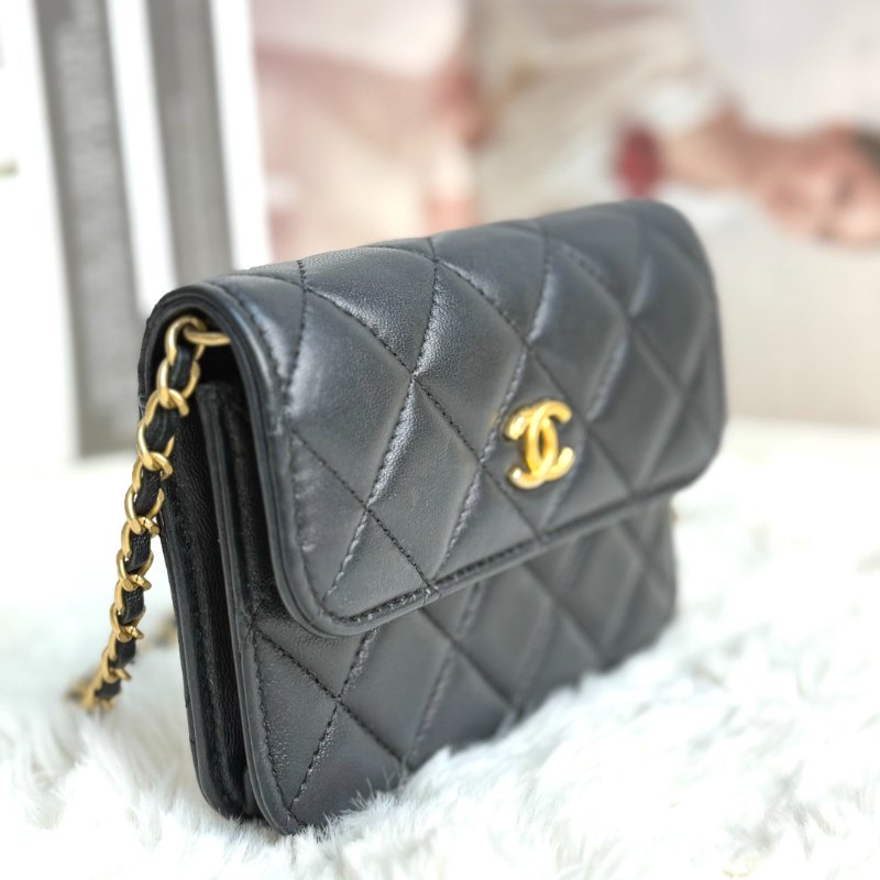 Chanel woc 黑色 菱格紋 羊皮 mini 雙金球 鏈條 金扣-5