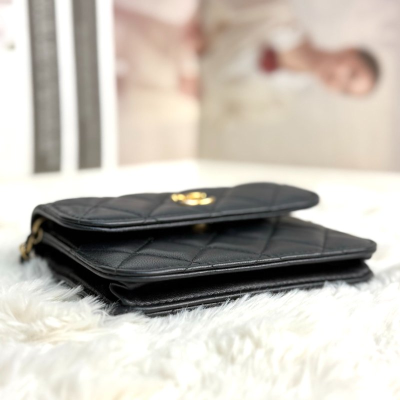 Chanel woc 黑色 菱格紋 羊皮 mini 雙金球 鏈條 金扣-6